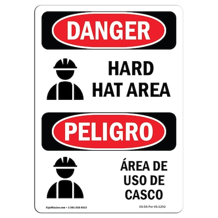 Signmission OSHA Danger Sign, Hard Hat Area Bilingual, 7in X 5in Decal, 5" W, 7" H, Bilingual Spanish OS-DS-D-57-VS-1292